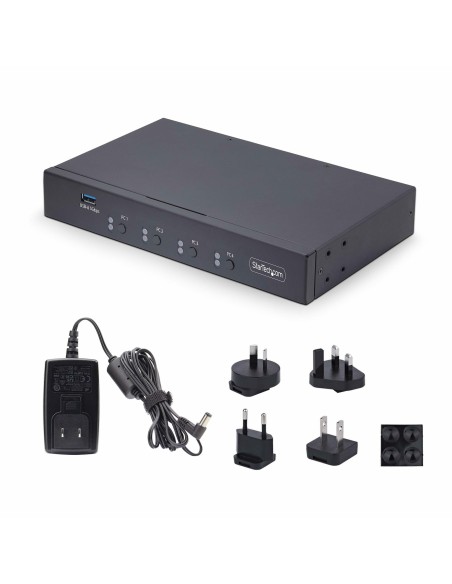 StarTech.com Switch KM USB 4 Puertos con Conmutación por Ratón - Conmutador KM USB 3.0 de Teclado y Ratón para 4 Ordenadores -