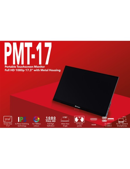 Verbatim 49593 pantalla para PC 43,9 cm (17.3") 1920 x 1080 Pixeles Full HD LCD Pantalla táctil Negro