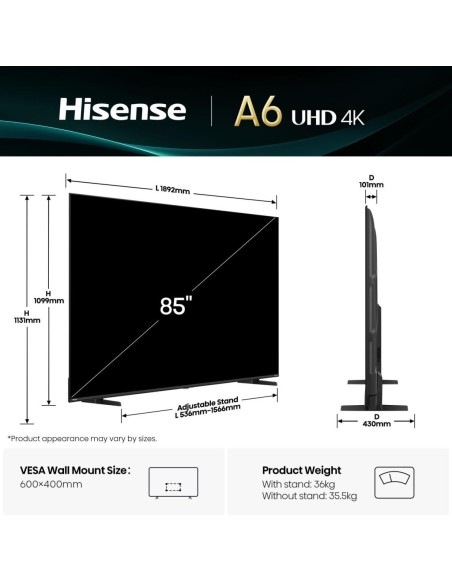 Hisense 85A6Q Televisor 2,16 m (85") 4K Ultra HD Smart TV Wifi Negro 400 cd   m²