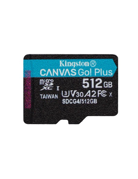 Kingston Technology Tarjeta microSDXC Canvas Go Plus Gen4 de 512 GB, 200 MB s, A2 U3 V30 y adaptador
