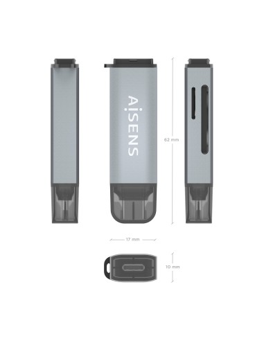 AISENS Lector De Tarjetas SD, Micro SD, MMC, Rs-MMC, MMC Micro, USB-C, Gris