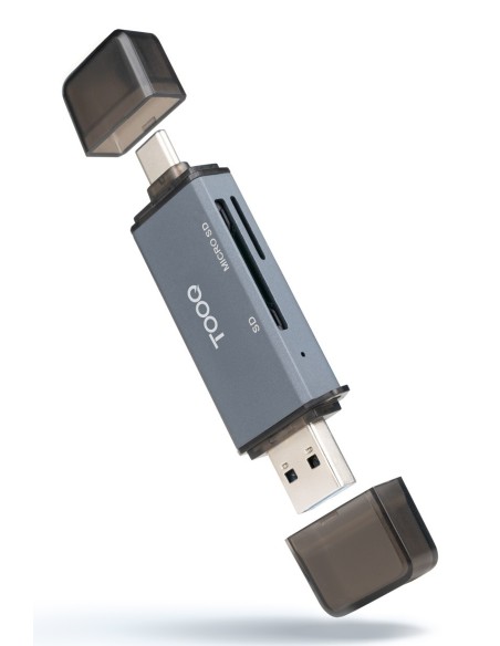 TooQ Lector de Tarjetas SD + TF, con entradas USB-C 3.0 + USB A, Color Gris